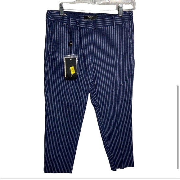 $265 NWT Weekend Max Mara Size 8 Aral Linen Blend Stripe Navy Blue Trousers - Picture 2 of 5